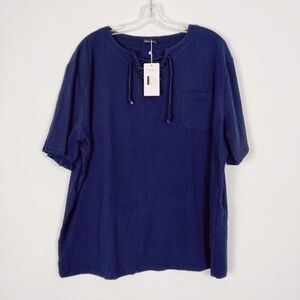 Oyamiki Women's Short Sleeve Blouse in Blue Size XXL 2XL Cotton Blend Summer NEW